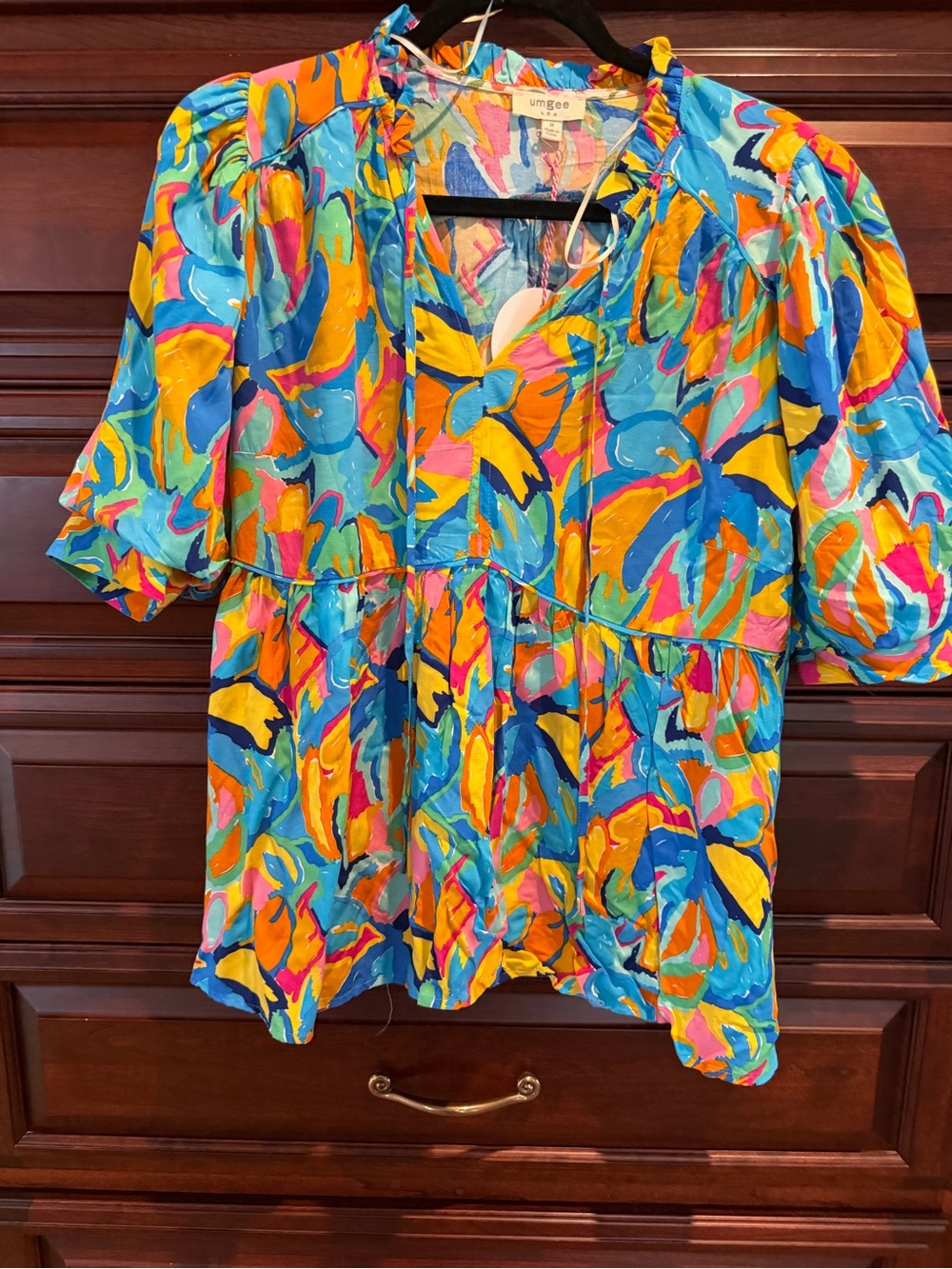 Umgee Turquoise Multicolor Abstract V-Neck Peplum Blouse